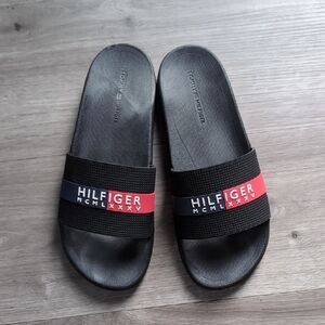 Tommy Hilfiger Black Slides with Red and Blue Accents